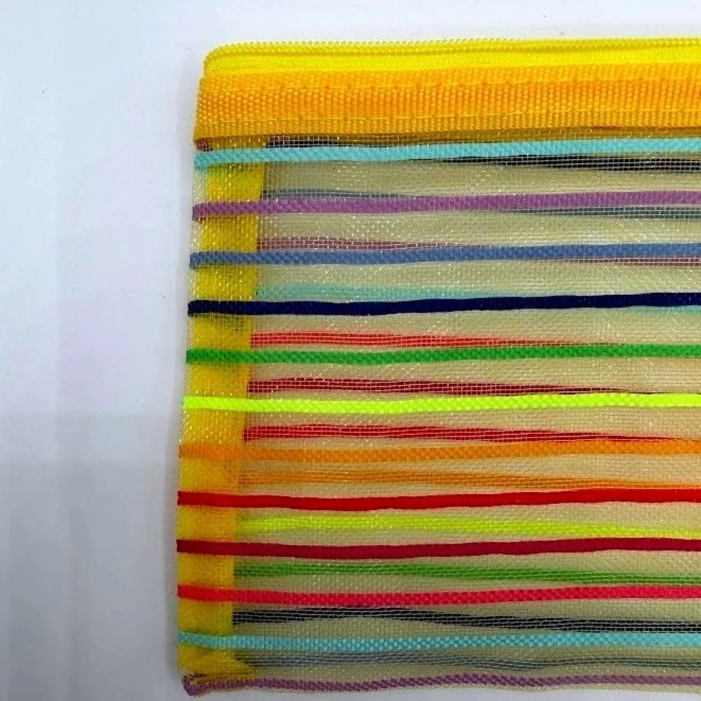 Rainbow Striped Mesh Zipper Pouch Pencil Case Cosmetic Bag Yellow Back To School